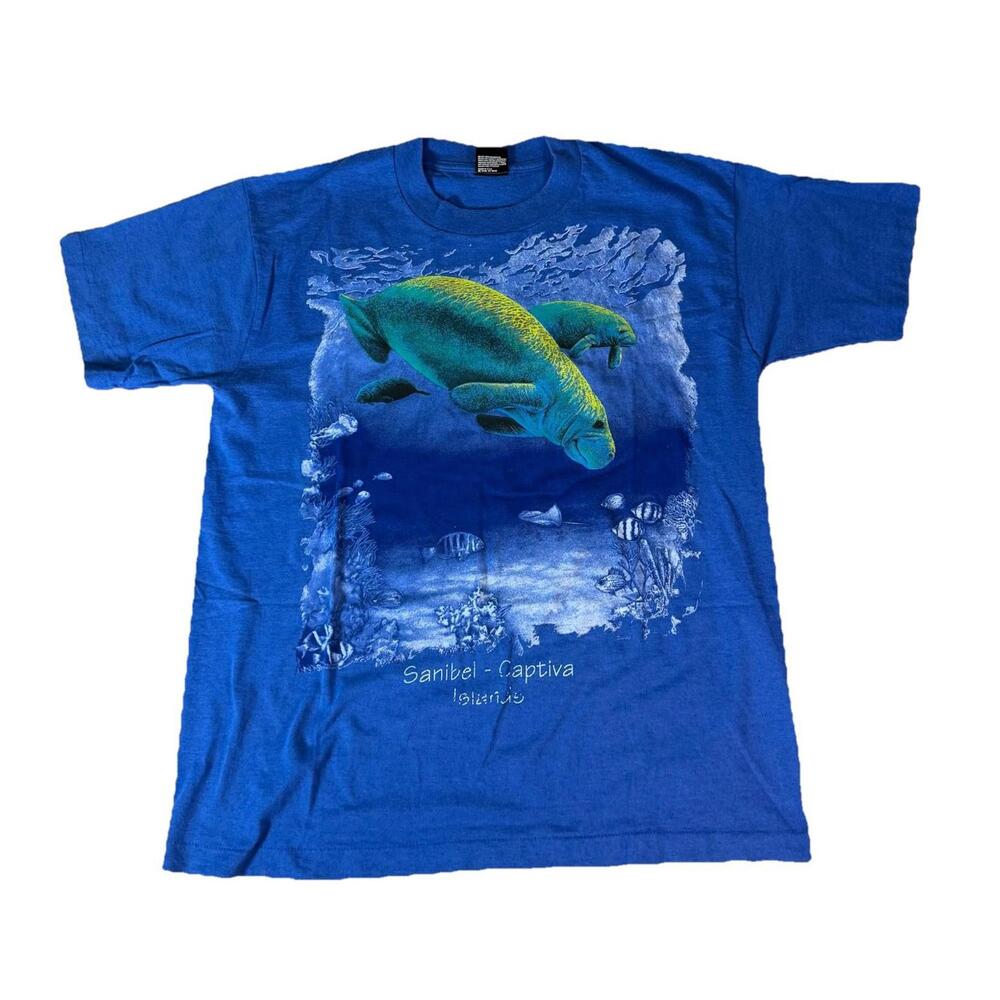 Vintage Animal Nature Manatee Ocean Sanibel Islands Blue T Shirt Men’s Large